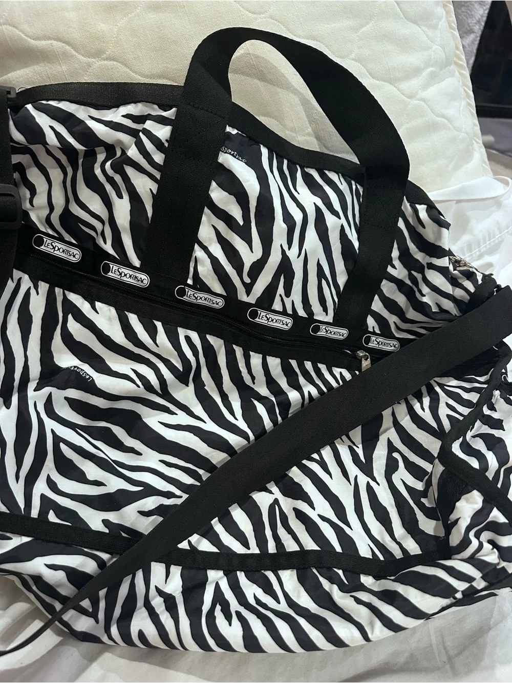 Lesportsac Zebra-Print Duffel Weekender Bag in Black & White